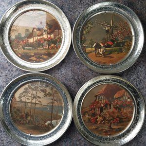 Vintage 1960's Decorative Foil Art Wall Plates Lot - English Foil Art